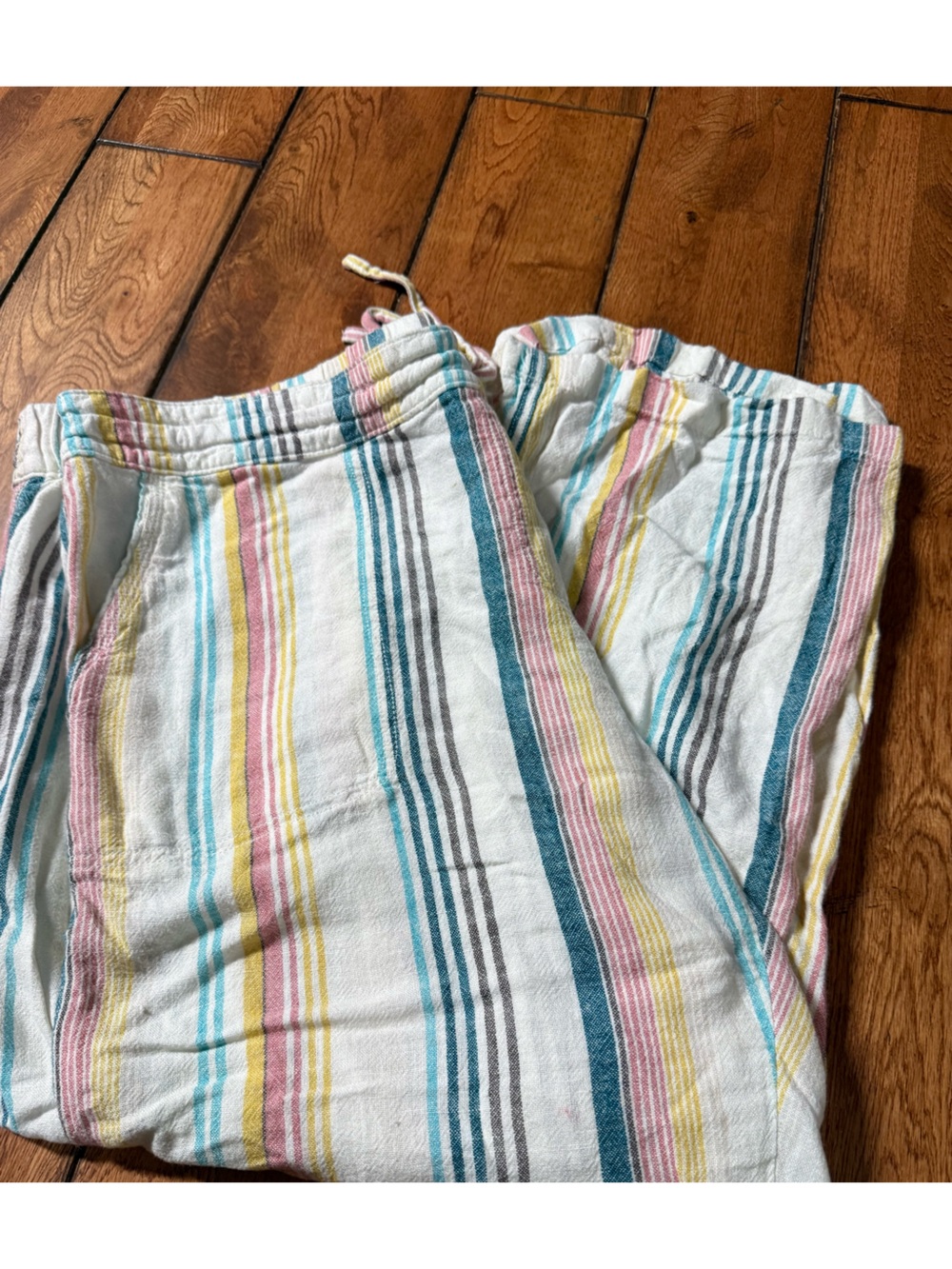Women’s Striped Casual pants - White with Pink, Teal & Yellow Stripes